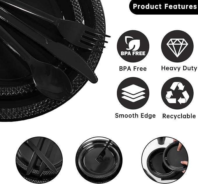 MirthMood 350PCS Black Disposable Plates,Black Plates,Plastic Party Supplies, Includes 50 Dinner Plates, 50 Salad Plates, 50 Silverware, 50 Napkins and 50 12OZ Cups for Wedding & Birthday & Party