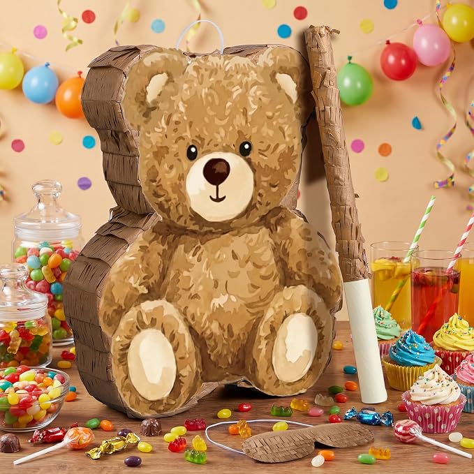 VioraWhite Bear Piñata Birthday Party Decorations Animal Birthday Party Supplies Brown Piñata with Blindfold Stick for Boys Girls Kids Valentine Baby Shower Decor Supplies Favors