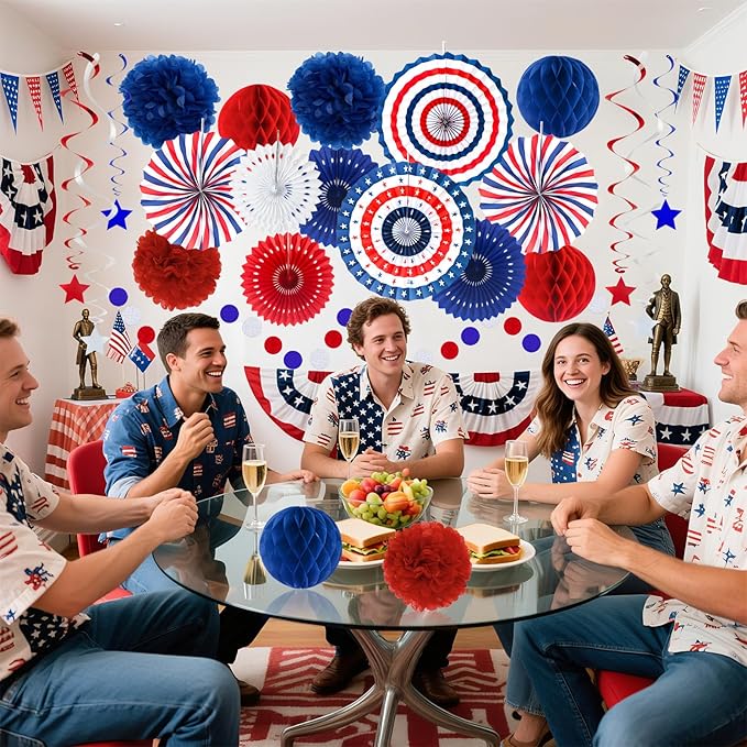 24PCS Patriotic Decorations 4th of July Decorations Set Red White Blue Hanging Paper Fans USA Flag Pennant Pom Poms Hanging Swirls Party Supplies for Memorial Day Independence Veterans