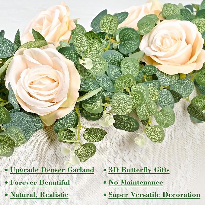 Yastouay 6.07 Ft Fuller Flower Garland with 3D Butterfly, Artificial Eucalyptus Garland with Champagne Flowers Fake Rose Vine for Table Centerpiece Wedding Baby Shower Party Room Backdrop Decor