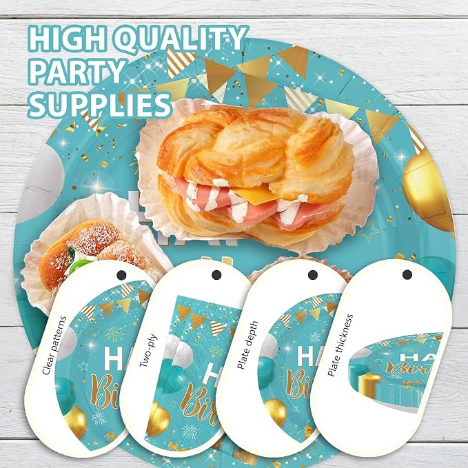 96 Pcs Teal Blue and Gold Birthday Party Supplies Happy Birthday Plates and Napkins Disposable Turquoise Aqua Teal Tableware Set for Men Women birthday Party Decorations Serves 24