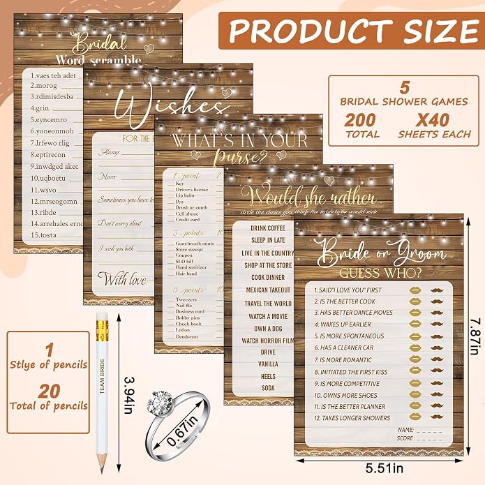 Sosation 331 Pcs Bridal Shower Games Supplies, 5 Sets (50 Cards Each) Wedding Games Cards, 1 Put a Ring on It Bridal Shower Game with 60 Rings and 20 Team Pencils for Wedding Engagement