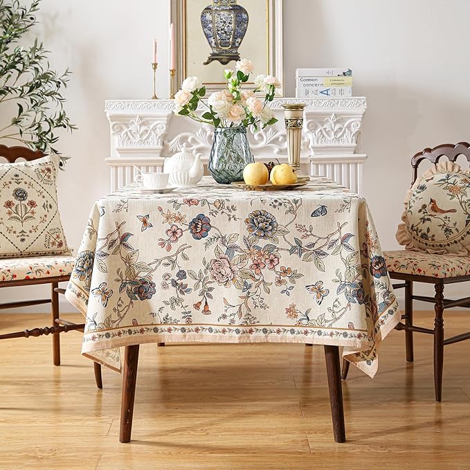 ISAENNE Designer French Linen Rectangular Tablecloth,118"x67"-Cornucopia | Vintage Elegant Extra Long Table Cloth for Rectangle Table,Floral and Bird Pattern for Dining Kitchen Thanksgiving,Decor