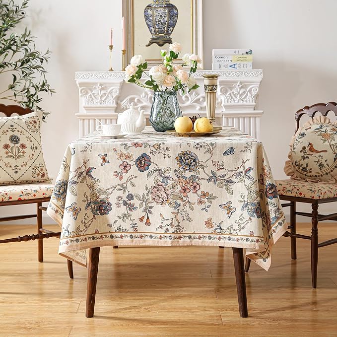 ISAENNE Designer French Linen Rectangular Tablecloth,94"x63"-Cornucopia | Vintage Elegant Table Cloth for Rectangle Table,Floral and Bird Pattern for Dining Kitchen Tea Party Thanksgiving,Decor