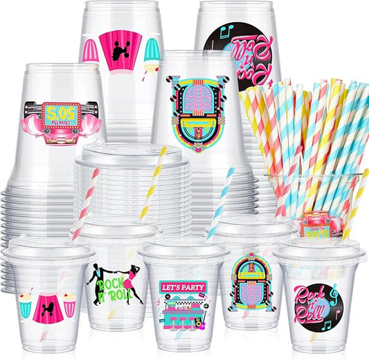 FoldTier 60 Set 1950s Party Decorations 50's Rock and Roll Plastic Cups Bulk 14 oz Disposable Clear Cups with Lids and Paper Straws for 50's Theme Retro Party Birthday Supplies Favor Decorations
