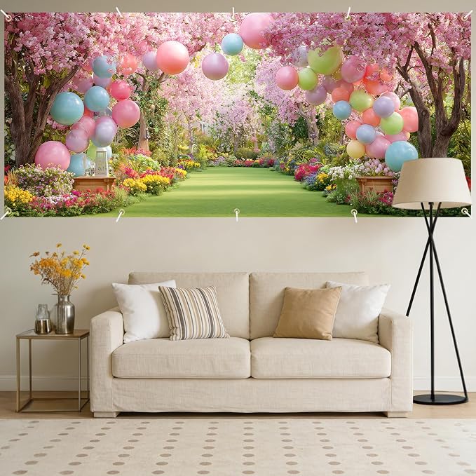 Cherry Blossom Garden Garage Door Banner Cover 7x16FT Waterproof –Pastel Balloon Arch & Floral Path Backdrop,Indoor Outdoor Decor for Spring Easter,Wedding,Baby Shower, Bridal Shower & Photo Booth