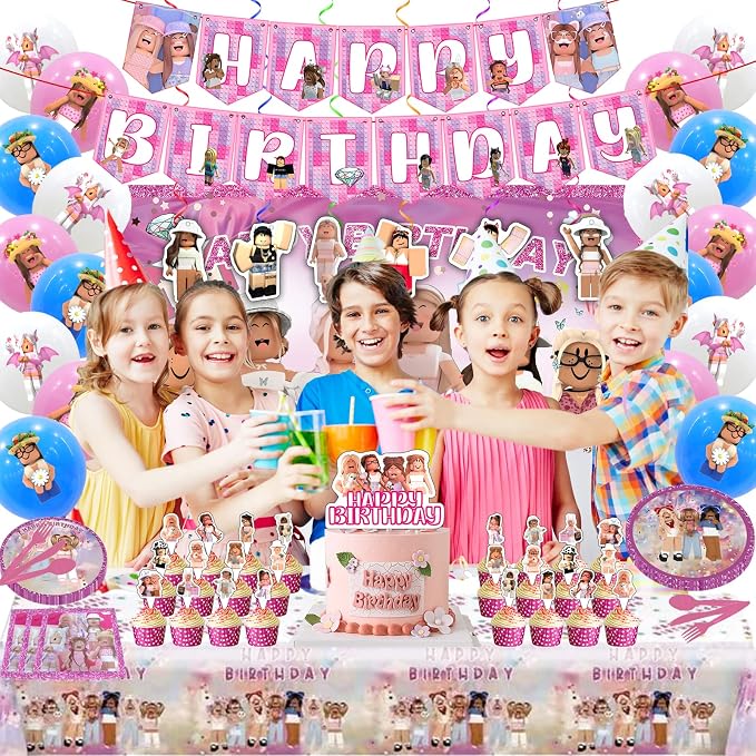Birthday Party Supplies - Theme Children's Party Decorations Included Happy Birthday Banner, Backdrop, Hanging Swirls, Tablecloth, Cupcake Cake Toppers, Plates, Tableware, Napkins, Balloons