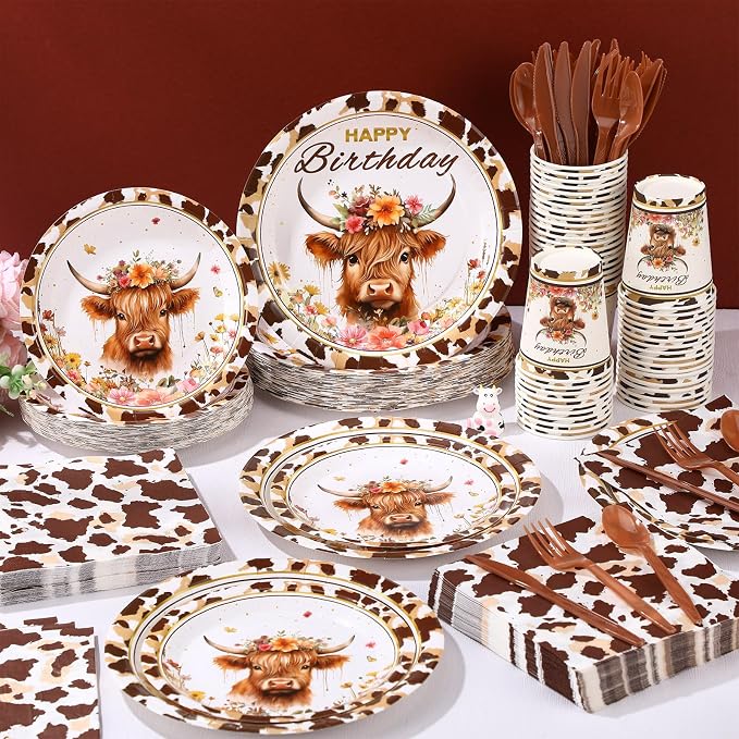 Funnymoom 400 Pcs Highland Cow Birthday Party Supplies Brown Cattle Paper Plates Napkins Cups Spoons Forks Knives for Western Farm Animals Kids Birthday Baby Shower Party Decorations