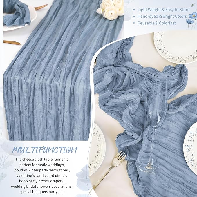 4 Pack Dusty Blue Cheesecloth Table Runner 17 x 108 inch Boho Gauze Table Runner Rustic Sheer Cheese Cloth Table Decorations for Wedding Party Baby Bridal Shower Birthday Holiday Home