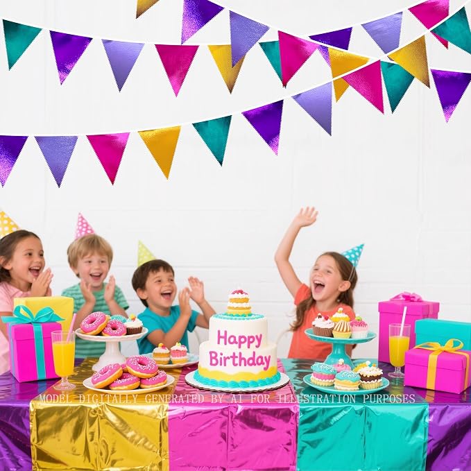 Colorful Party Decorations Hot Pink Teal Purple Metallic Fabric Triangle Pennant Banner Flag Bunting for Fiesta Carnival Rainbow Multi-color Birthday Wedding Baby Shower Holiday Outdoor Party Supplies