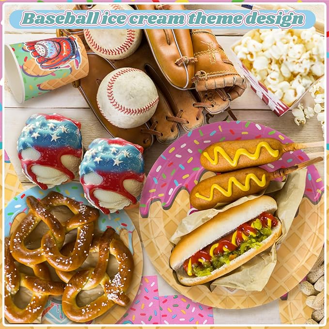 FoldTier 350 Pcs Baseball Ice Cream Dripping Birthday Party Decorations Set Ice Cream Paper Plates Napkins Fork Set Disposable Fairy Tableware Decorations Supplies for Baby Shower Dinner Serves 50