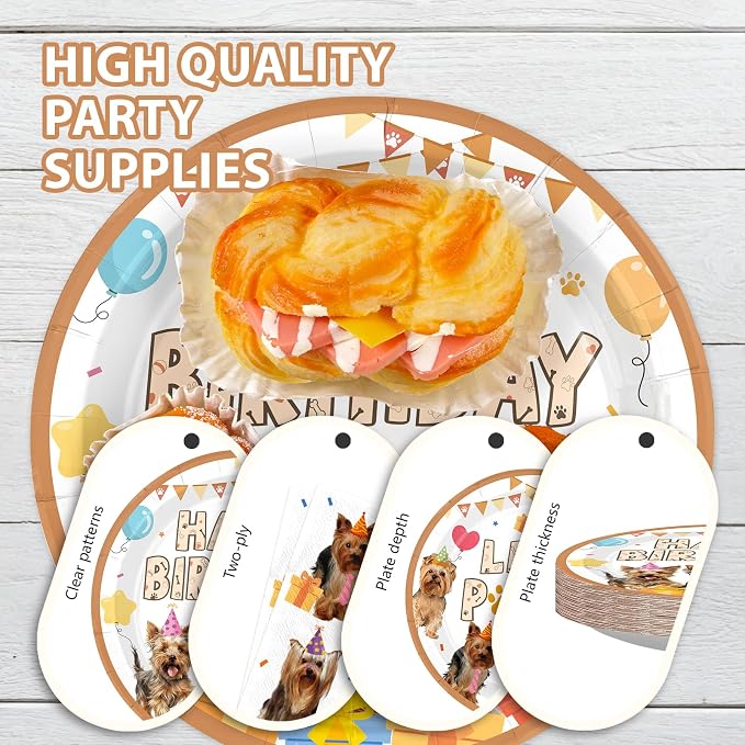 96 Pcs Yorkshire Terrier Birthday Party Decorations Yorkie Dog Theme Plates and Napkins Golden Let's Party Tableware Set for Animal Puppy Dog Birthday Party Supplies, Serves 24