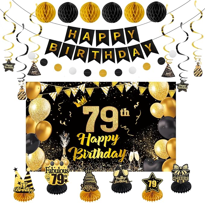 Happy 79th Birthday Party Decoration: Including Birthday Banner Backdrop, Party Table Centerpieces and Hanging Swirl Party Streamers, Birthday Decor for Men and Women (Gold/Black, 79th Birthday)