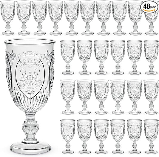 Wiwiqing 48 Pcs Plastic Goblets 7.5oz Vintage Goblet Plastic Wine Glasses Colored Retro Embossed Water Goblets for Wine Bar Juice Baby Shower Wedding Reception Grand Event Party (Clear)