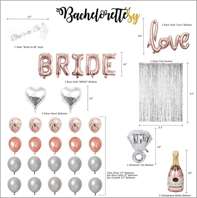Bachelorettesy 28pc Bachelorette Party Decorations Kit for Bride to Be, Bridal Shower Decorations, Engagement Party – Balloons, Sash, Foil Backdrop Curtain (Rose Gold Silver)