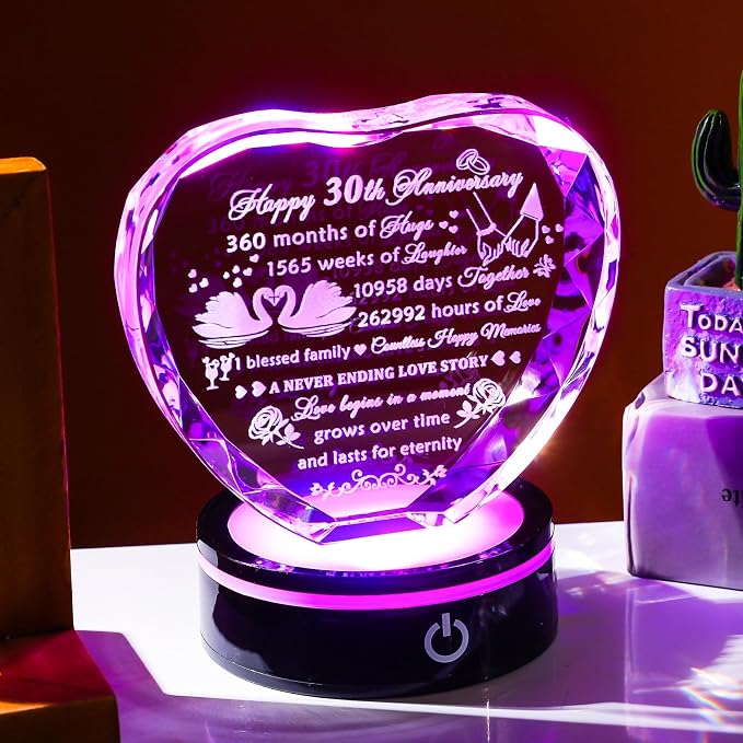 YWHL 30th Anniversary Crystal Heart Gifts for Couples Parents, Laser Engraved Romantic 30 Year Wedding Anniversary Crystal Keepsake Gifts for Wife Husband, 30 Years of Marriage Gift for Her Him