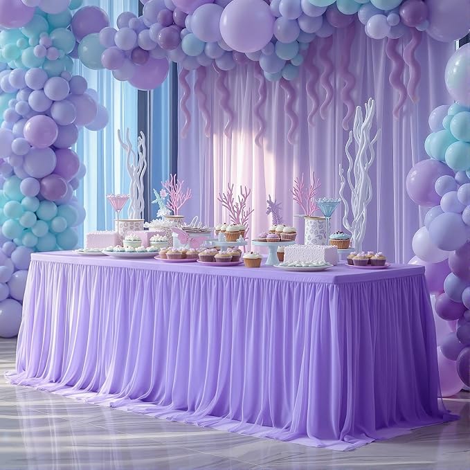 2 Pack Lavender Tulle Tablecloths with Skirt for 8 Foot Rectangle Tables Party Ruffle Tutu Tablecloth 8FT Stretch Fitted Table Cover for Wedding Reception Birthday Baby Shower Celebration Banquet