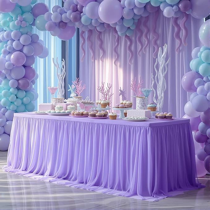 2-in-1 Lavender Tulle Tablecloth with Skirt, 8 Foot Rectangle | Stretch Fitted Table Cover, Ruffle Tutu Design, For Wedding Reception Birthday Baby Shower, Celebration Banquet
