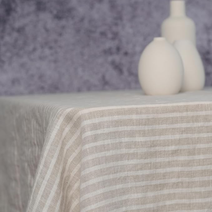 100% Linen Striped Tablecloths for Rectangle Tables, 55x55 Inch Natural and White Linen Table Cloth for Wedding, Party, Easter,Thanksgiving, Christmas Indoor,Outdoor Machine Washable