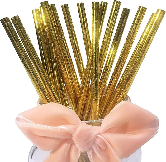 Glittering Gold Paper Drinking Straws, Premium Shining 100% Biodegradable Metallic Eco Friendly Straws for Party, Wedding, Juice