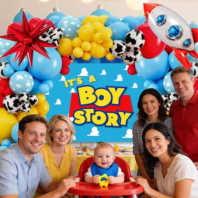 96Pcs Cartoon Toy Theme Baby Shower Decorations for Boy, Cowboy & Space Style Party Supplies with 4 Baby Boxes, Cow Cloud Pattern Balloons, Rocket Foil Balloon & Backdrop for Blue Yellow Red Decor