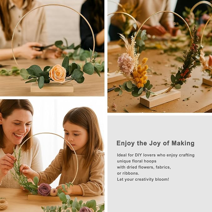 12 Pack Floral Hoop with Stand and LED Fairy Lights 12 inch Metal Rings for DIY Centerpiece Table Decorations Crafts Macrame Rings Hoop Wreath Dream Catcher Rings Wedding Christmas Wreaths, Gold
