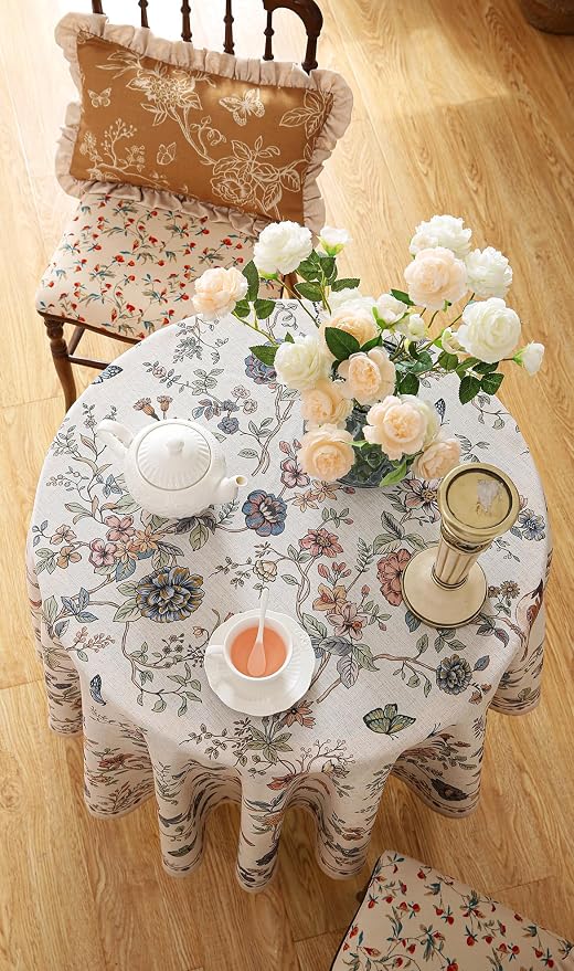 ISAENNE Designer French Linen Round Tablecloth,Diameter 67"-Cornucopia | Vintage Elegant Floral and Bird Pattern Beautiful Durable Table Cloth for Dining Room Tea Party Kitchen Thanksgiving,Decor