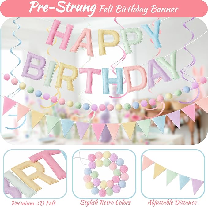 Kriyokiaa Pre-Strung Felt Happy Birthday Banner Pastel Happy Birthday Party Decorations with Pom Pom Garland, Flag and Hanging Swrils for Women Girls Party Decor