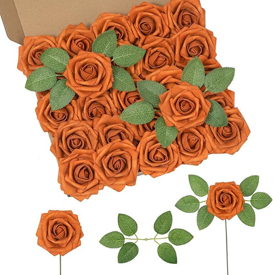 DuHouse 25Pcs Artificial Roses Flowers Fake Rose with Stems Real Touch Foam Flowers for DIY Wedding Bouquet Party Centerpiece Floral Arrangement Party Home Decor(Burnt Orange)