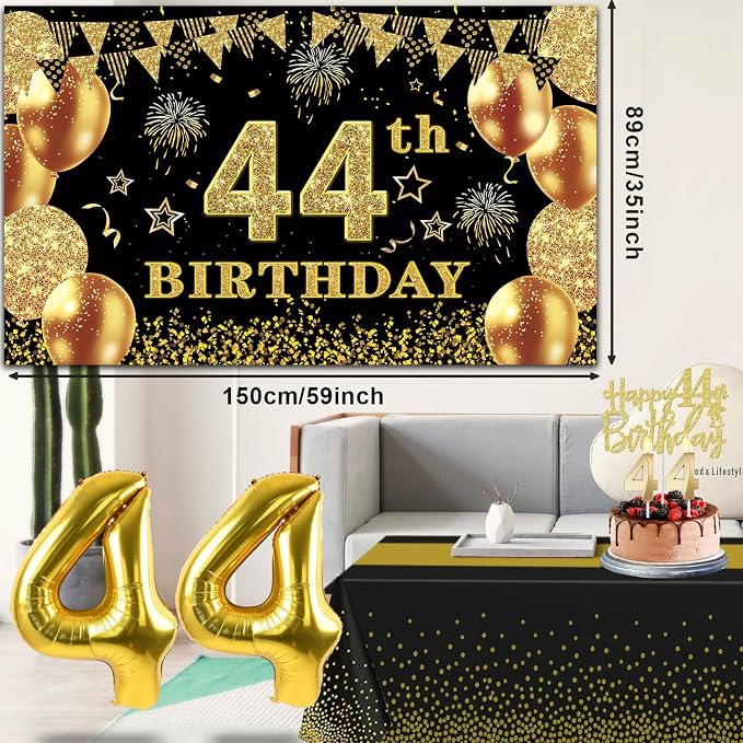44th Birthday Decorations Men Women with 44th Birthday Banner, Black and Gold Table Cloth, Number Balloons, Large Sash, Cake Topper and Candles