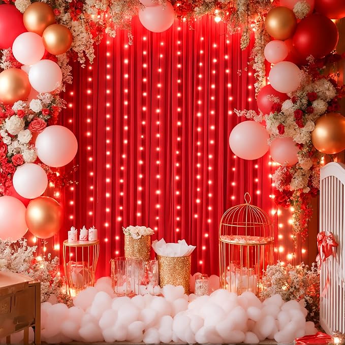 20x10FT Red Backdrop Curtains with Lights for Parties,Wrinkle Free Wedding Photo Backdrop Curtains for Valentines Baby Shower Birthday Ceremony Reception Home Party Decorations-5ft x 10ft,4 Panels