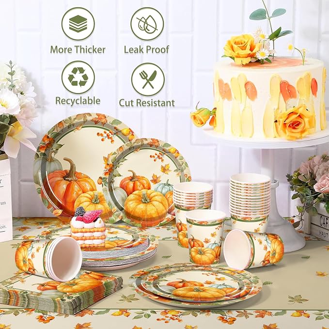 Thanksgiving Paper Plates and Napkins Set Include Cups Tablecloth Fall Harvest Plates with Pumpkins and Maple Leaves, Thanksgiving Party Supplies Set Party Decorations for 24 Guest