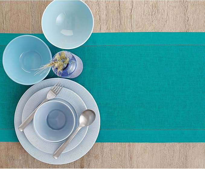 Solino Home Linen Hemstitch Table Runner 48 Inches - 100% Pure Linen Teal Table Runner 14 x 48 Inch Ideal for Dresser and Coffee Tables, Mothers Day - Classic Hemstitch