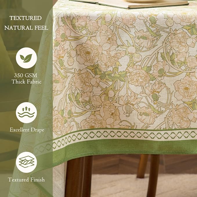 French Linen Tablecloth Rectangular, Vintage Floral Table Cloth, Waterproof Table Cover for Picnic Dining Party Wedding, Sage Green, 55x71''