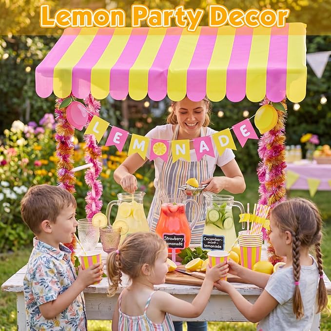 7 Pcs Lemonade Stand Supplies Lemonade Bar Party Decoration with 1 Set Plastic Stand 1 Yellow and Pink Striped Sunshade Cloth 4 Yellow and Pink Tinsel 1 Banner for Outdoors Summer Party Supplies