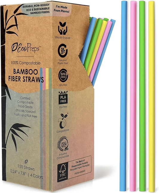 EcoPreps Colorful Biodegradable Bamboo Fiber Straws | 150 Count, 100% Compostable, Plastic-Free, Eco-Friendly Drinking Straws for Parties | 7.8'' Plant Fiber Disposable Straw, Multi-Color Straw Set