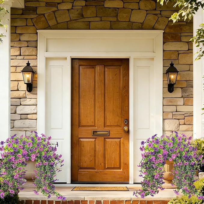 4 Pcs Artificial Hanging Flowers for Outdoor Indoor, UV Resistant Silk Daisy Fake Flowers, Realistic Faux Trailing Vines for Spring Garden Planter Porch Patio Window Box Decor(Double Purple)