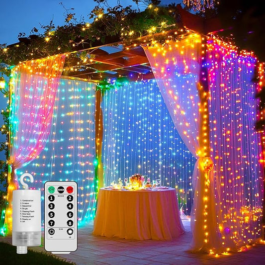 Battery Operated Fairy Curtain Lights - Multicolor 10ft x 10ft 300 LED Battery Power Curtain String Lights with Remote & Timer for Backdrop Outside Gazebo Christmas Indoor Bedroom Decor