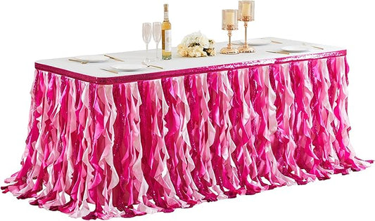 Wish Care 6ft Pink Sequin Table Skirt for Rectangle Tables Glitter Curly Willow Fuchsia Tutu Skirt Ruffle Table Cloth Desk Skirts for Princess Girls Birthday Baby Shower Party Cake Table Decorations