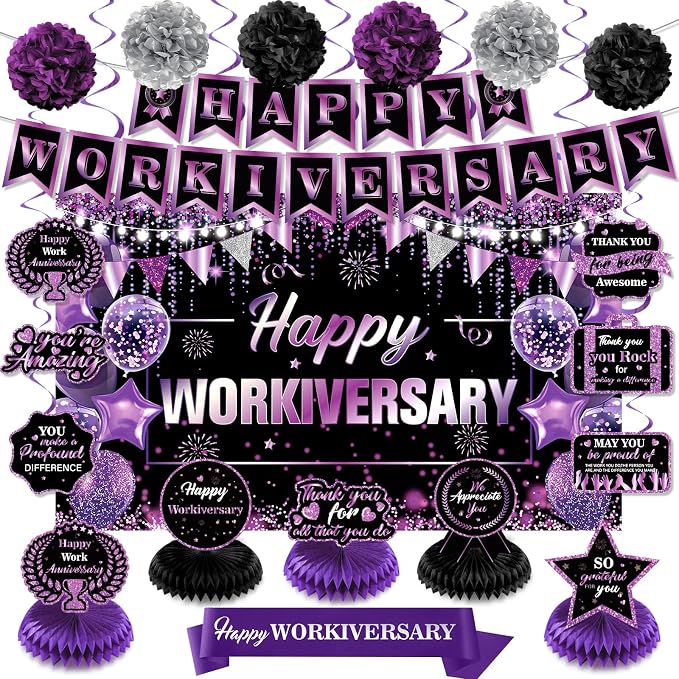 Happy Work Anniversary Decorations Black and Purple Happy Workiversary Banner Honeycomb Centerpieces Hanging Swirls Tissue Paper Pompoms Sash Set for Women Office Employee Worker Appreciation Supplies