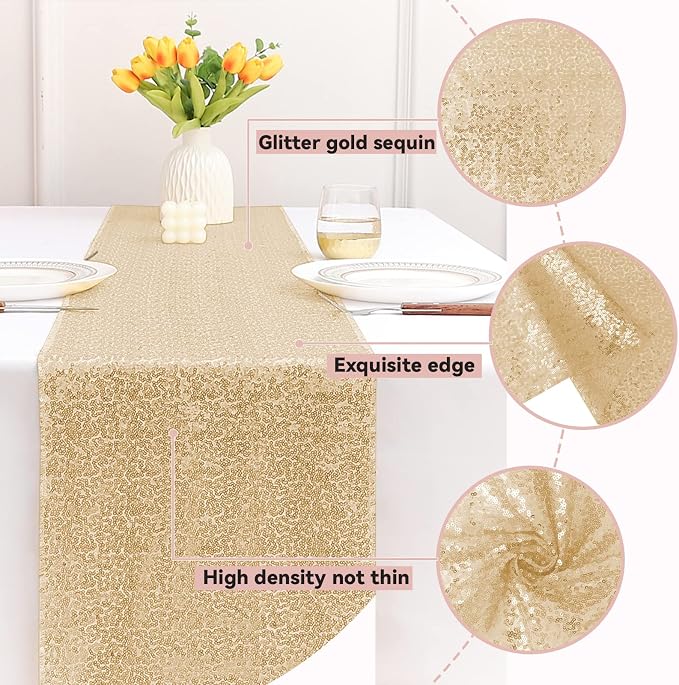 Sugargirl 10 Packs 12 x 72 inches Sequin Table Runner, Glitter Champagne Table Runner for Birthday Party Supplies Wedding Holiday Celebration Event Decorations