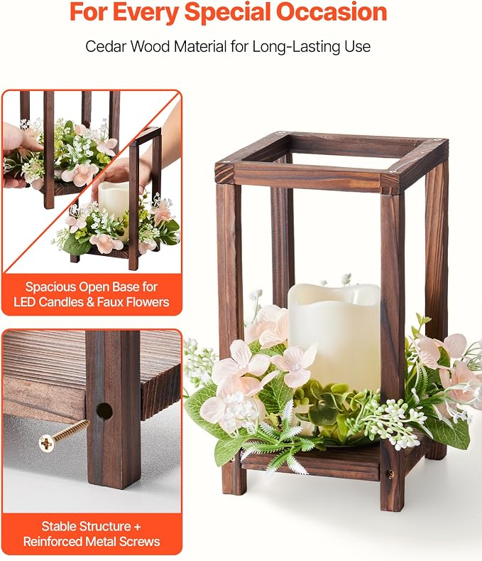VEVOR 20 Set/60 Pcs Wooden Wedding Lantern Centerpiece, Includes 20 Wooden Lantern Candle Holder 20 Flameless LED Candle 20 Champagne Flower Wreath for Wedding Table Party Farmhouse Decor, Brown
