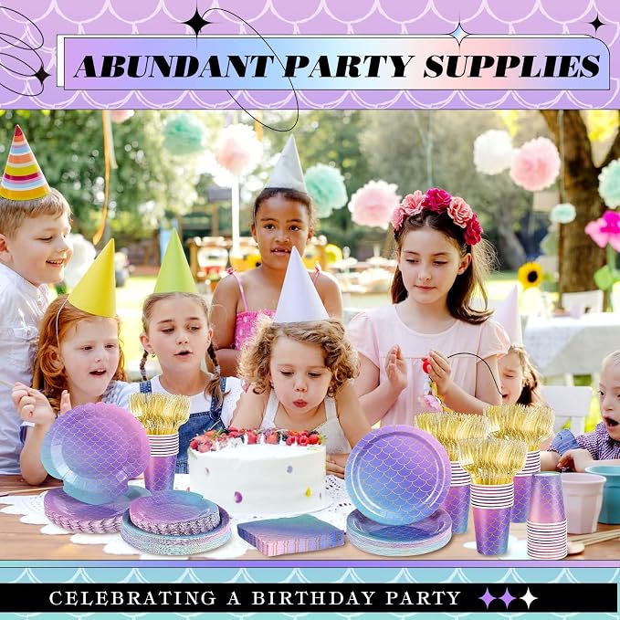 Blushtier 120 Pcs Mermaid Party Supplies Mermaids Themed Decorations Under the Sea Disposable Dinnerware Set Includes Plates Napkins Cups Fork for Birthday Party, Serves 24 Guests
