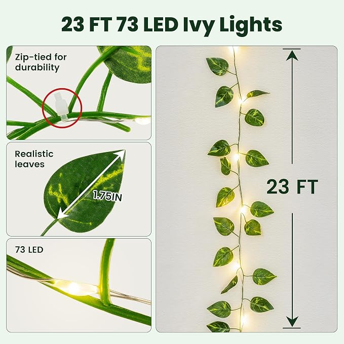 HEYFUNi 23ft Pre-Wrapped Pothos Vine with Fairy Lights USB Battery Operated | 73 LEDs Artificial Greenery Garland with Timer, Leaves Lights for Bedroom, Dorm Room, Wall Decor, Boho Room Decor, Warm White