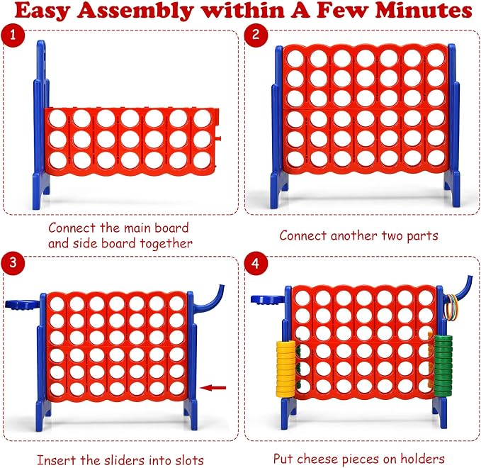 Costzon Giant 4-in-A-Row, Jumbo 4-to-Score Giant Game w/Basketball Hoop, Ring Toss, Quick-Release Slider, 42 Jumbo Rings, Indoor Outdoor Family Connect Game for Kids & Adults, Backyard Games, Blue