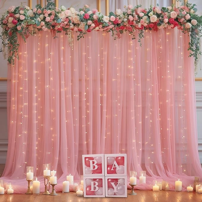 30x10ft Dusty Rose Tulle Backdrop Curtain with Lights String for Parites, Sheer Photo Backdrop Curtains with Lights for Wedding Backdrop Ceremony Reception Bridal Shower Baby Shower Birthday Party