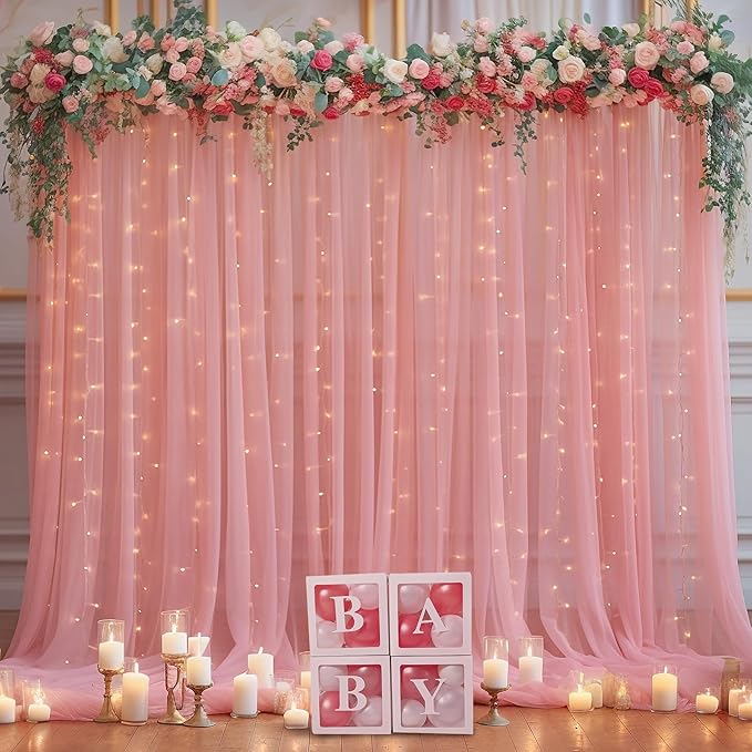 20x8ft Dusty Rose Tulle Backdrop Curtain with Lights String for Parites, Sheer Photo Backdrop Drapes with Lights for Wedding Backdrop Ceremony Reception Bridal Shower Baby Shower Birthday Party