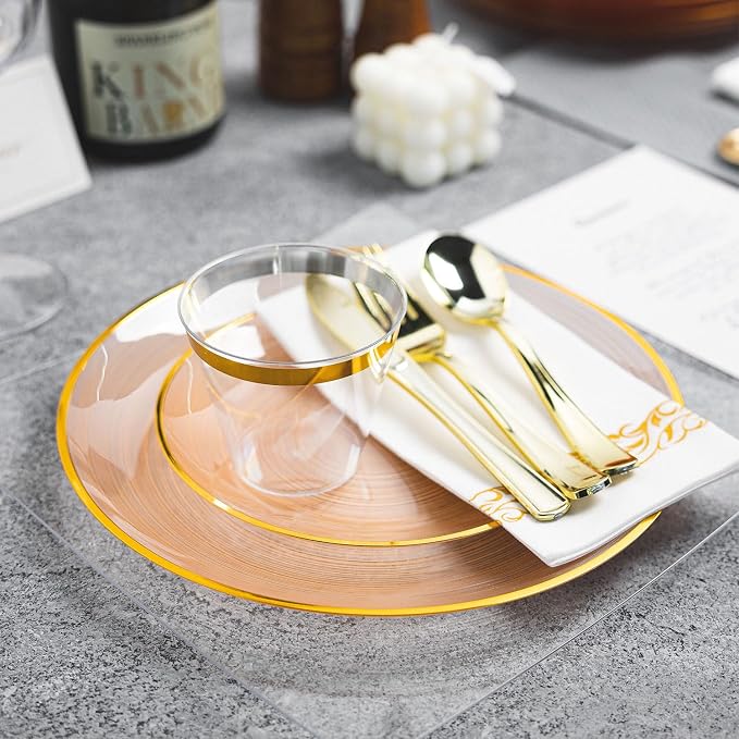 N9R 180PCS Orange Plastic Plates with Gold Trim, Disposable Party Dinnerware Set for 30 Guests, Include 30 Dinner and Salad Plates, Napkins, Forks, Spoons, Knives, Perfect for Wedding, Dinner Party