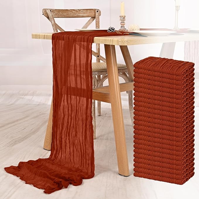 24 Pack Terracotta Cheesecloth Table Runner 10FT Boho Gauze Cheese Cloth Table Runner Rustic Sheer Fabric Table Runners for Wedding Bridal Shower Baby Shower Party(21.5×120 Inch)