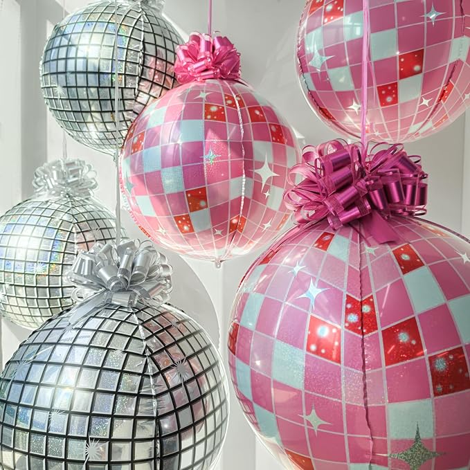 6 Pack 4D Disco Ball Ornament Balloons with 12 Pull Ribbon Gift Bows – Y2K Ceiling Hanging Balloon Set for Prom, Disco Party, Cowgirl Retro Party & Bachelorette Decorations